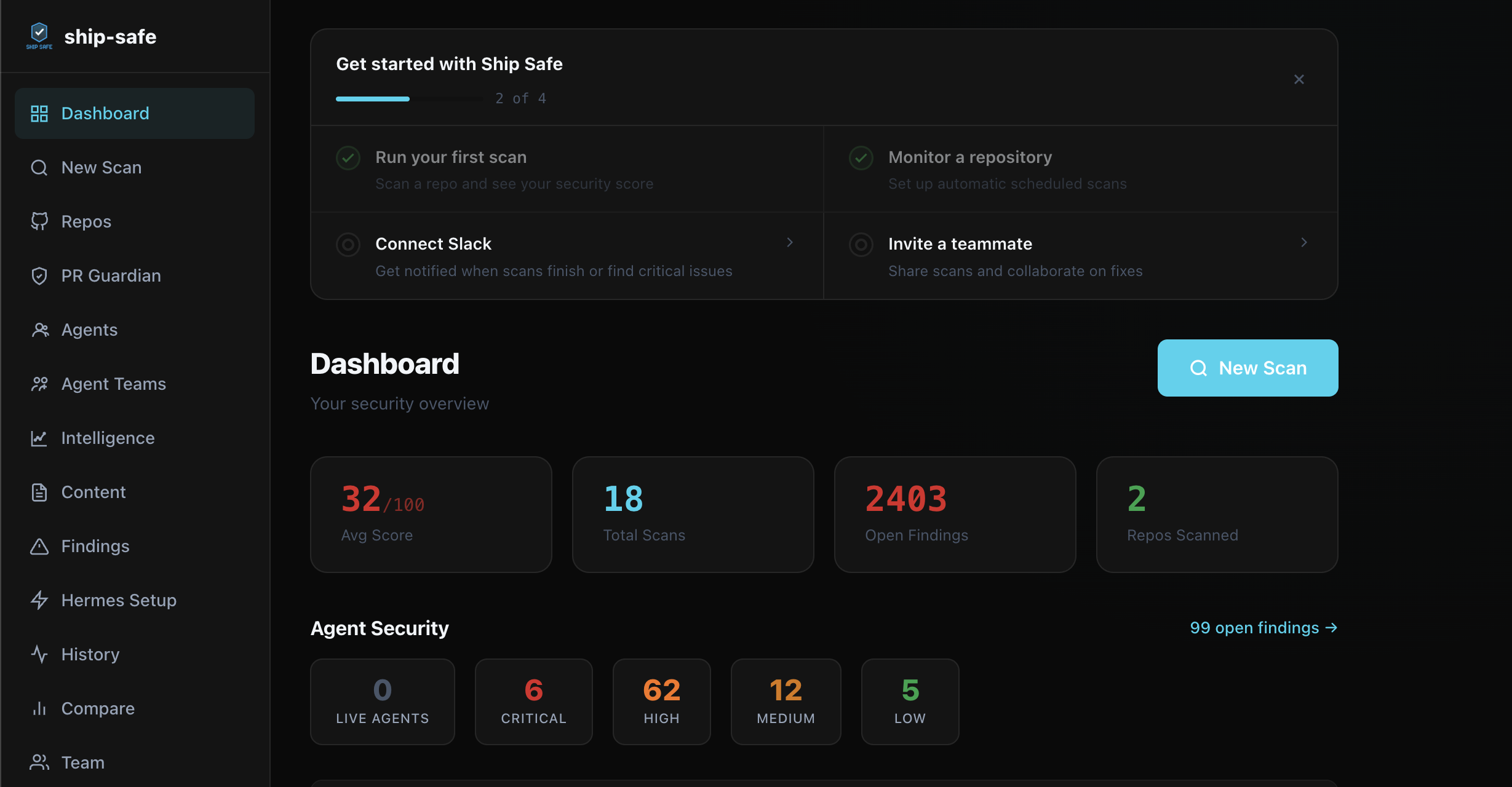 Ship Safe dashboard showing security score, scan activity, open findings, and agent security coverage
