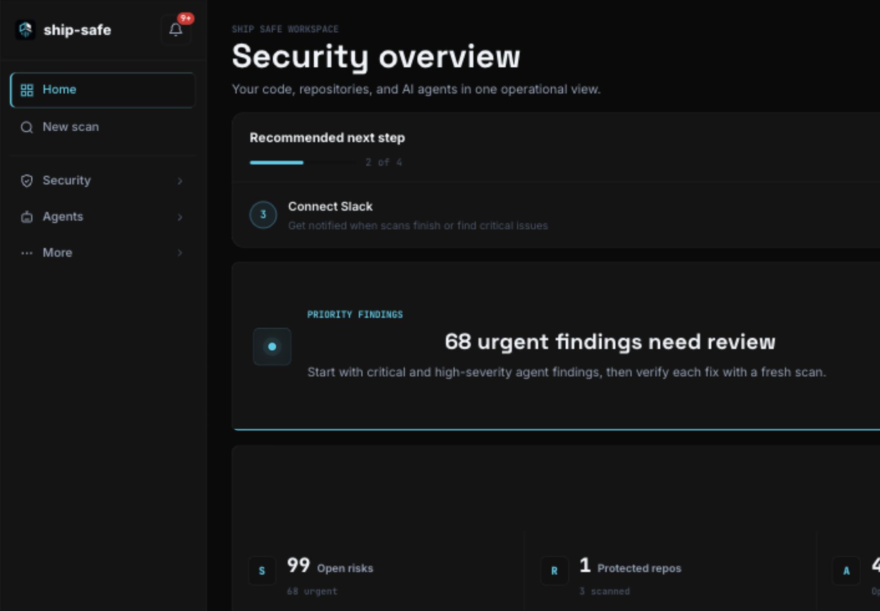 Ship Safe dashboard showing priority findings and workspace posture
